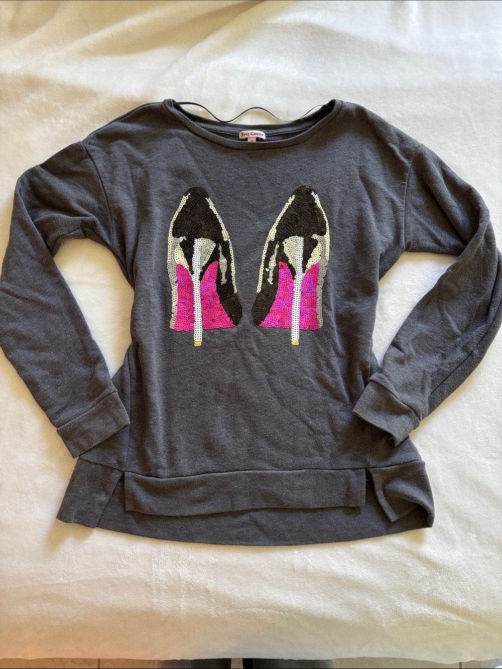 Juicy Couture Charcoal Crewneck Sweater with Pink Sequin Heels Graphic